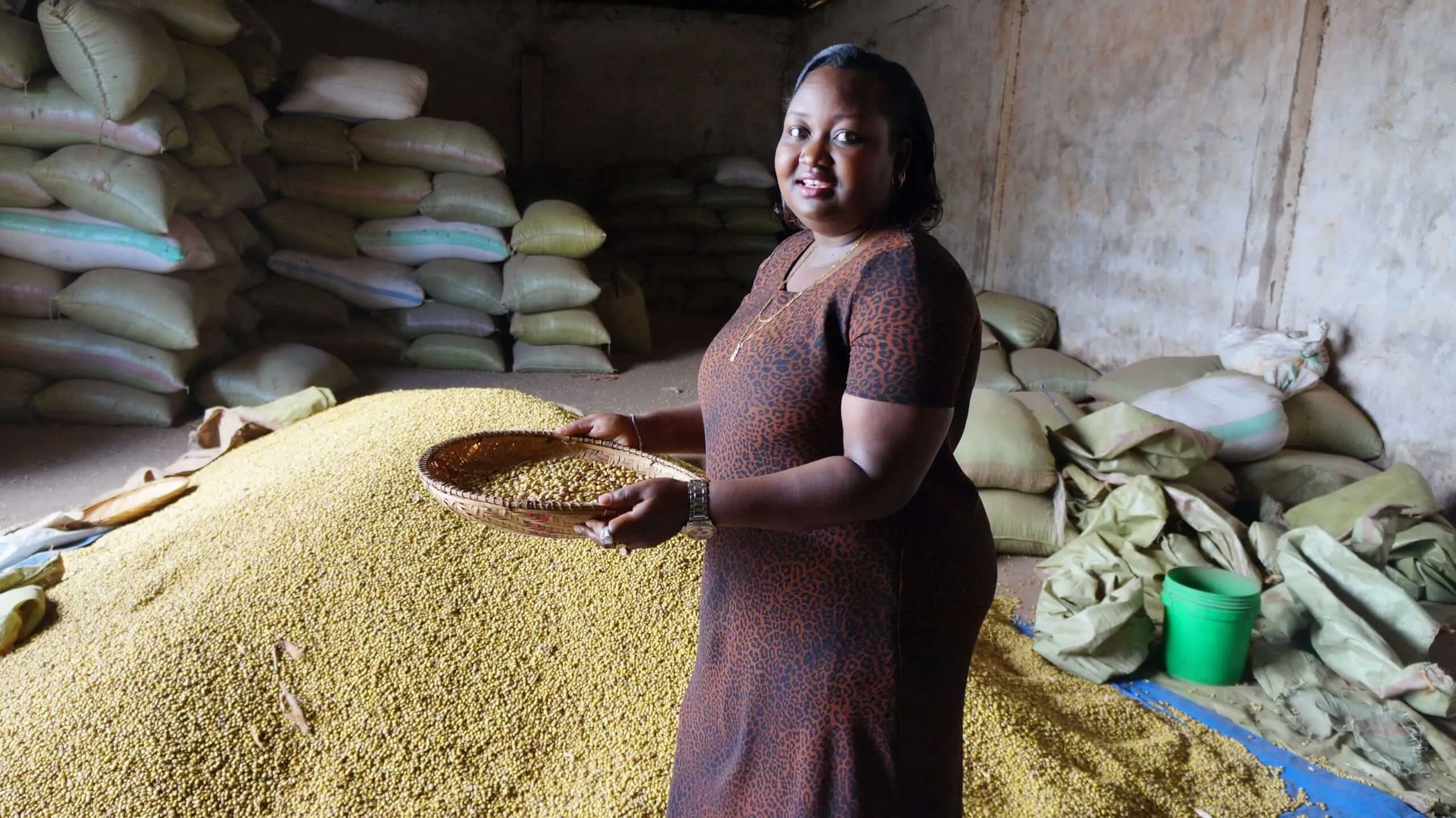 Woman sifting beans in a winnowing basket beside a large grain stockpile in a Tanzania storage warehouse