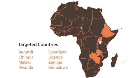 Map of Africa highlighting COMRAP's targeted countries: Burundi, Ethiopia, Malawi, Rwanda, Swaziland, Uganda, Zambia, and Zimbabwe
