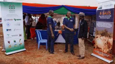 Men shaking hands at the K-SALES exhibition booth surrounded by partner banners