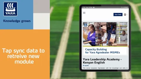 Yara Leadership Academy mobile app screen showing a capacity-building course for agrodealer MSMEs