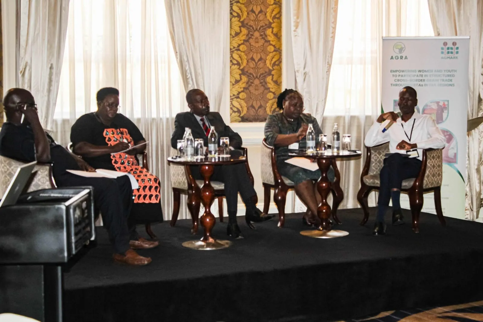 Panelists: From left: Nehemiah Odongo (KENADA), Florence Atieno (Busia WCBTA Sacco), Tonni Nguni (Zambia CBTA), Margaret (KRA), and Bernard Juma (ThriveAgric)