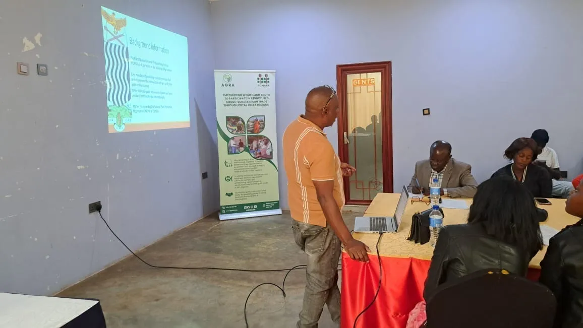 Mr. Maesious Hankanga from the Plant Quarantine and Phytosanitary Department, under the Ministry of Agriculture, making his presentation | AGMARK Nakonde Training
