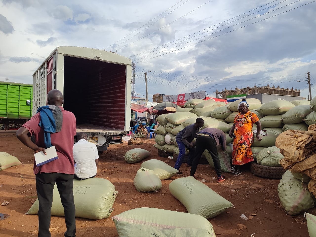 Four people managing and moving green sacks by a truck in a bustling outdoor market AGMARK agricultural research reports
