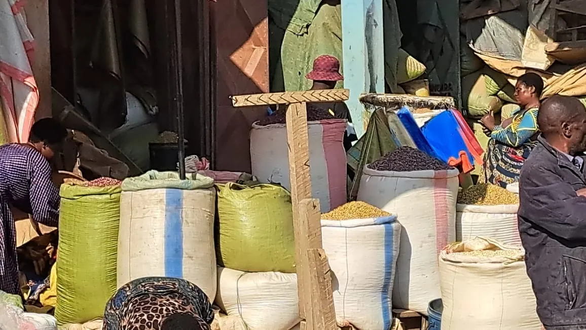 Sacks of Grains and cereals outside a shop in Majengo Grain Market, Tunduma, Tanzania