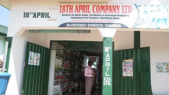 18th April Company Ltd storefront offers fertilizers and agri inputs for Africa smallholder farmers; green doors, shelves inside